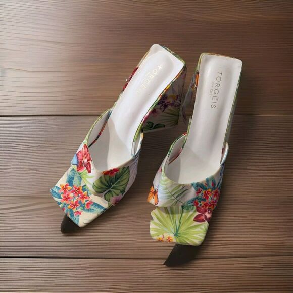 TORGEIS MULES WOMENS PARADISE TROPICAL FLORAL FLARE BUTTERFLY HEELS SZ 10 - Picture 1 of 16